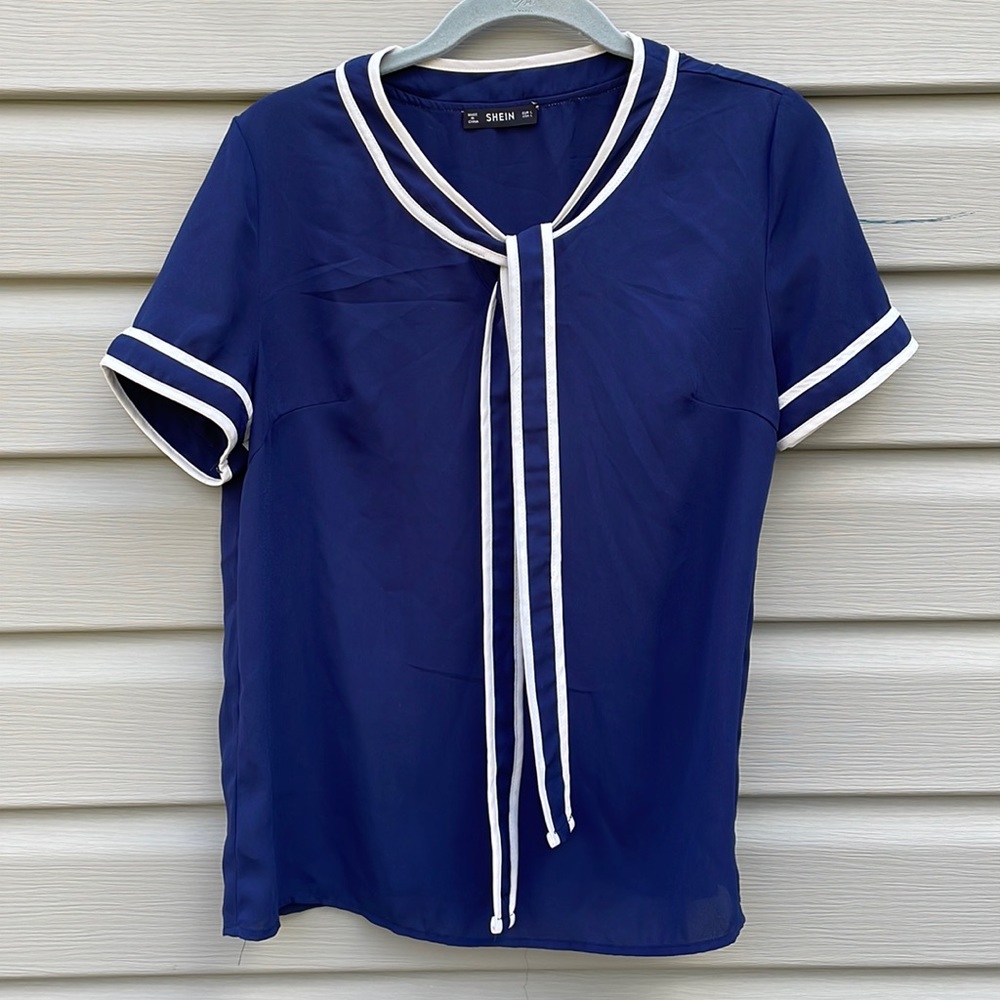 Navy Blue Neck-Tie Contrast Trim Blouse